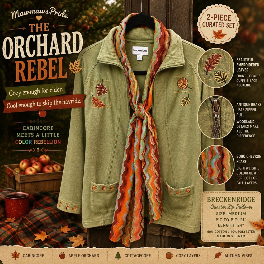 🍂 THE ORCHARD REBEL — Breckenridge Embroidered Pullover + Boho Scarf M 2 piece